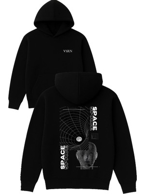 Vsrn Space Space Tasarım Baskılı Oversize Siyah Kapüşonlu Sweatshirt