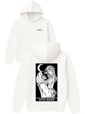 Vsrn Love Hard Tasarım Baskılı Oversize Beyaz Kapüşonlu Sweatshirt