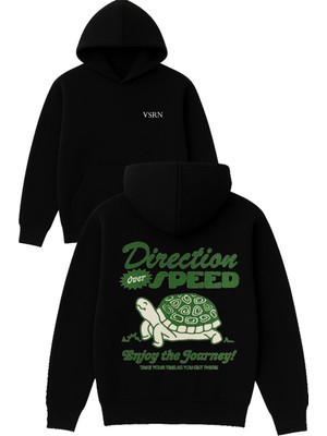 Vsrn Direction Tasarım Baskılı Oversize Siyah Kapüşonlu Sweatshirt