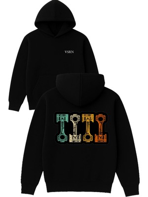 Vsrn Motor Mekanik Tasarım Baskılı Oversize Siyah Kapüşonlu Sweatshirt