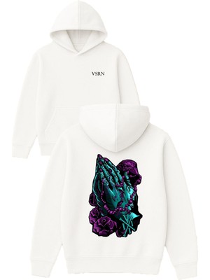 Vsrn Respect Tasarım Baskılı Oversize Beyaz Kapüşonlu Sweatshirt