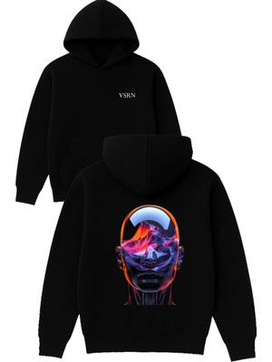 Vsrn Kafası Dolu Adam Tasarım Baskılı Oversize Siyah Kapüşonlu Sweatshirt