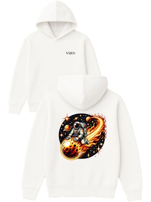 Vsrn Meteor Düşüyor Tasarım Baskılı Oversize Beyaz Kapüşonlu Sweatshirt