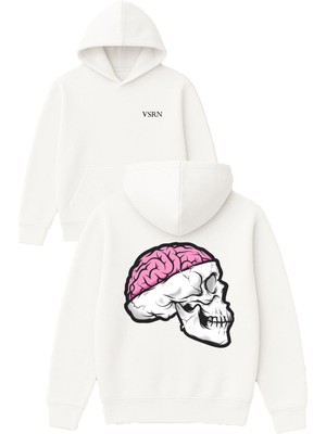 Vsrn Kafası Açılmış Iskelet Tasarım Baskılı Oversize Beyaz Kapüşonlu Sweatshirt