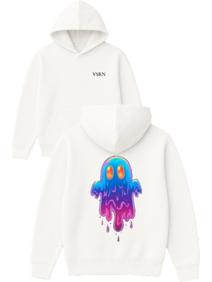 Vsrn Renkli Hayalet Tasarım Baskılı Oversize Beyaz Kapüşonlu Sweatshirt