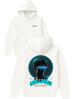Vsrn Intellıgence Tasarım Baskılı Oversize Beyaz Kapüşonlu Sweatshirt