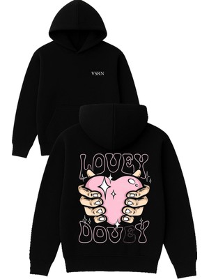 Vsrn Lovey Dovey Tasarım Baskılı Oversize Siyah Kapüşonlu Sweatshirt