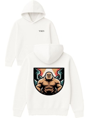 Vsrn Dev Adam Tasarım Baskılı Oversize Beyaz Kapüşonlu Sweatshirt