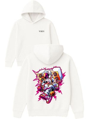 Vsrn Rockçı Astronot Tasarım Baskılı Oversize Beyaz Kapüşonlu Sweatshirt