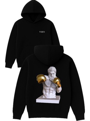 Vsrn Altın Boks Eldiveni Tasarım Baskılı Oversize Siyah Kapüşonlu Sweatshirt