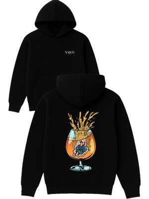 Vsrn Bardağa Atlayan Adam Tasarım Baskılı Oversize Siyah Kapüşonlu Sweatshirt