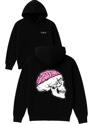 Vsrn Kafası Açılmış Iskelet Tasarım Baskılı Oversize Siyah Kapüşonlu Sweatshirt