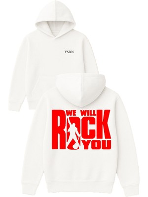 Vsrn We Wıll Rock Tasarım Baskılı Oversize Beyaz Kapüşonlu Sweatshirt
