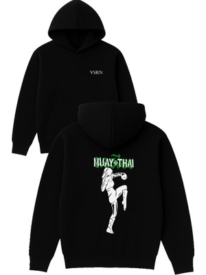 Vsrn Muay Thai Tasarım Baskılı Oversize Siyah Kapüşonlu Sweatshirt
