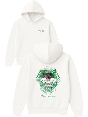 Vsrn Metalci Tasarım Baskılı Oversize Beyaz Kapüşonlu Sweatshirt