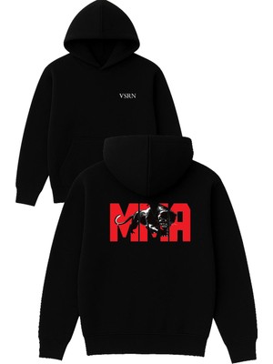 Vsrn Mma Tasarım Baskılı Oversize Siyah Kapüşonlu Sweatshirt