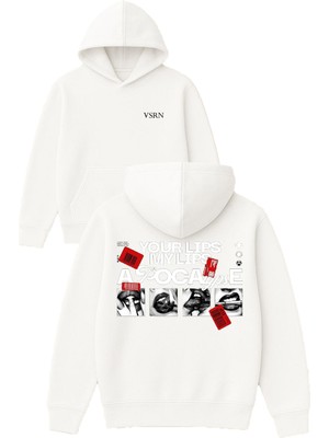 Vsrn Your Lıps Tasarım Baskılı Oversize Beyaz Kapüşonlu Sweatshirt