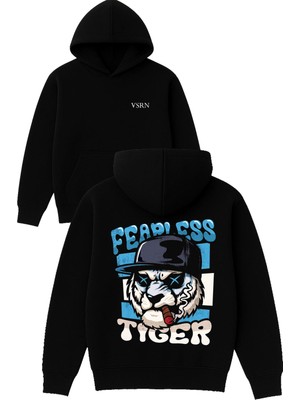 Vsrn Fearless Tasarım Baskılı Oversize Siyah Kapüşonlu Sweatshirt
