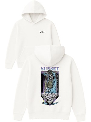 Vsrn Sunset Tasarım Baskılı Oversize Beyaz Kapüşonlu Sweatshirt