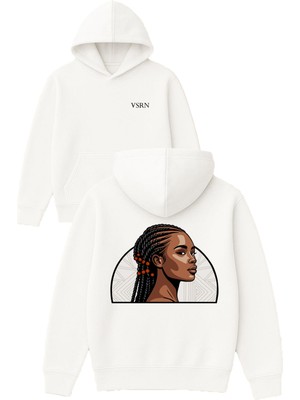 Vsrn Örgülü Kadın Tasarım Baskılı Oversize Beyaz Kapüşonlu Sweatshirt