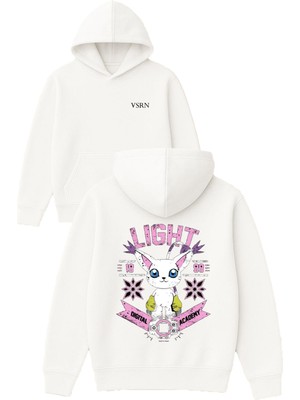 Vsrn Dıgıtal Lıght Tasarım Baskılı Oversize Beyaz Kapüşonlu Sweatshirt