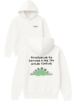 Vsrn Dinazor Tasarım Baskılı Oversize Beyaz Kapüşonlu Sweatshirt