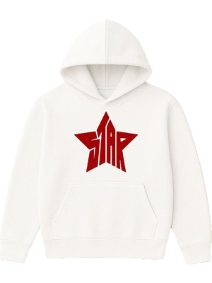 Vsrn Kırmızı Star Tasarım Baskılı Oversize Beyaz Kapüşonlu Sweatshirt