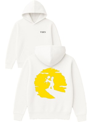 Vsrn Sarı Kafa Tasarım Baskılı Oversize Beyaz Kapüşonlu Sweatshirt