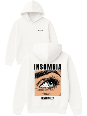 Vsrn Insomına Tasarım Baskılı Oversize Beyaz Kapüşonlu Sweatshirt