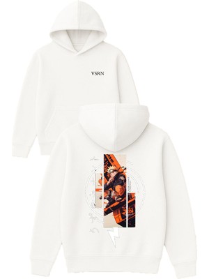 Vsrn Turunculu Anime Tasarım Baskılı Oversize Beyaz Kapüşonlu Sweatshirt