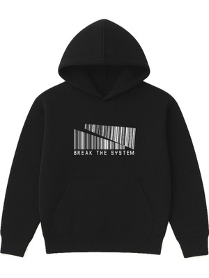 Vsrn Break The System Tasarım Baskılı Oversize Siyah Kapüşonlu Sweatshirt