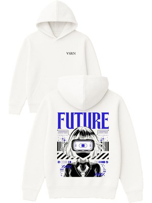Vsrn Future Anime Tasarım Baskılı Oversize Beyaz Kapüşonlu Sweatshirt