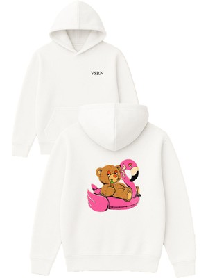 Vsrn Flamingo Tasarım Baskılı Oversize Beyaz Kapüşonlu Sweatshirt