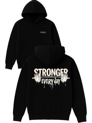 Vsrn Stronger Every Day Tasarım Baskılı Oversize Siyah Kapüşonlu Sweatshirt