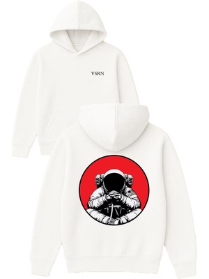 Vsrn Meditasyon Astronot Tasarım Baskılı Oversize Beyaz Kapüşonlu Sweatshirt