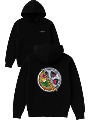 Vsrn Noodle Jant Tasarım Baskılı Oversize Siyah Kapüşonlu Sweatshirt
