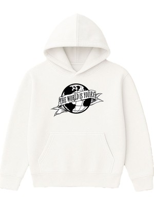 Vsrn The World Is Tasarım Baskılı Oversize Beyaz Kapüşonlu Sweatshirt
