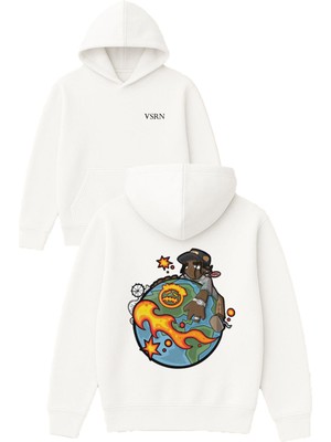 Vsrn Dünyada Rapçi Tasarım Baskılı Oversize Beyaz Kapüşonlu Sweatshirt