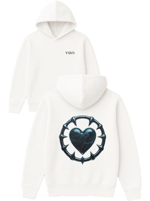 Vsrn Kafeste Kalp Tasarım Baskılı Oversize Beyaz Kapüşonlu Sweatshirt