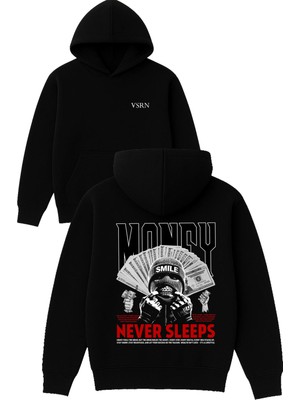 Vsrn Money Never Sleeps Tasarım Baskılı Oversize Siyah Kapüşonlu Sweatshirt