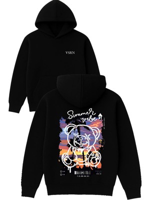 Vsrn Vibe Summer Tasarım Baskılı Oversize Siyah Kapüşonlu Sweatshirt