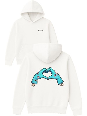 Vsrn Zombi Kalp Tasarım Baskılı Oversize Beyaz Kapüşonlu Sweatshirt