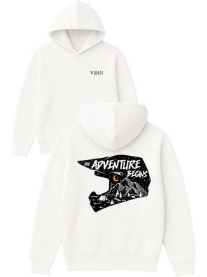 Vsrn The Adventure Kask Tasarım Baskılı Oversize Beyaz Kapüşonlu Sweatshirt