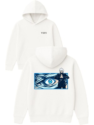 Vsrn Beyaz Saçlı Anime Tasarım Baskılı Oversize Beyaz Kapüşonlu Sweatshirt