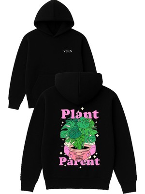Vsrn Plant Parent Tasarım Baskılı Oversize Siyah Kapüşonlu Sweatshirt