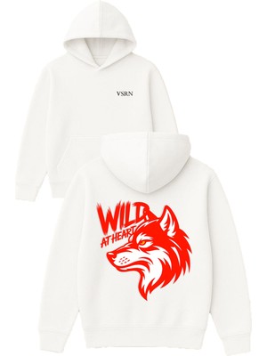 Vsrn Wıld At Heart Tasarım Baskılı Oversize Beyaz Kapüşonlu Sweatshirt