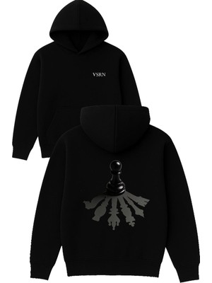 Vsrn Piyon Hayalleri Tasarım Baskılı Oversize Siyah Kapüşonlu Sweatshirt