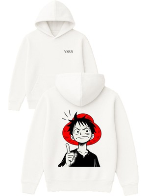 Vsrn Kırmızı Şapkalı Anime Tasarım Baskılı Oversize Beyaz Kapüşonlu Sweatshirt