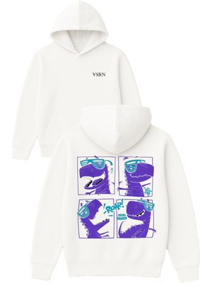 Vsrn Dinazor Tasarım Baskılı Oversize Beyaz Kapüşonlu Sweatshirt