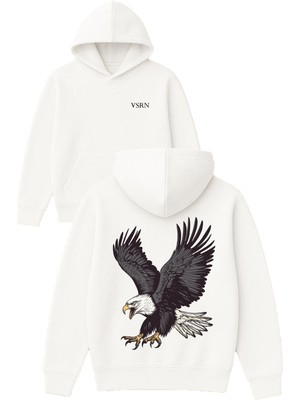 Vsrn Büyük Kartal Tasarım Baskılı Oversize Beyaz Kapüşonlu Sweatshirt